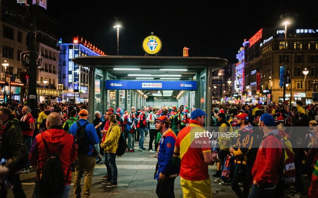 世界杯比赛日的城市街区：球迷步行、公共交通、夜间灯光与热闹广场