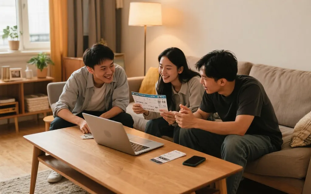 多人在客厅讨论行程与购票分工，桌上放着笔记本电脑、手机与时区表
