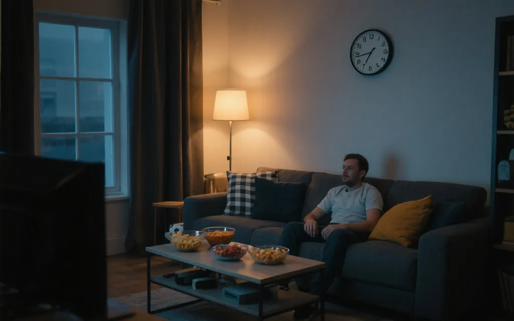 客厅观赛场景：沙发、零食、时钟与比赛直播的氛围图